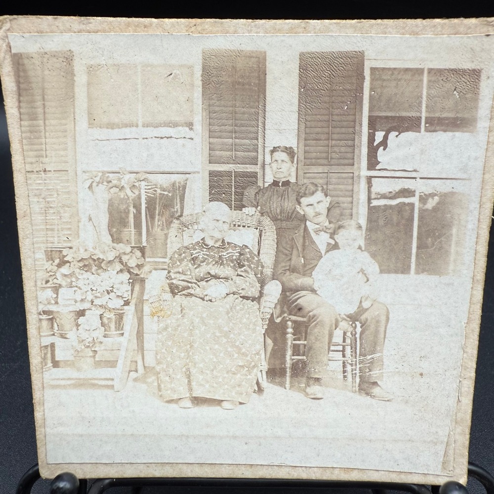 Antique Sepia Tone Photo Family Portrait on Porch 1800s Cabinet Card